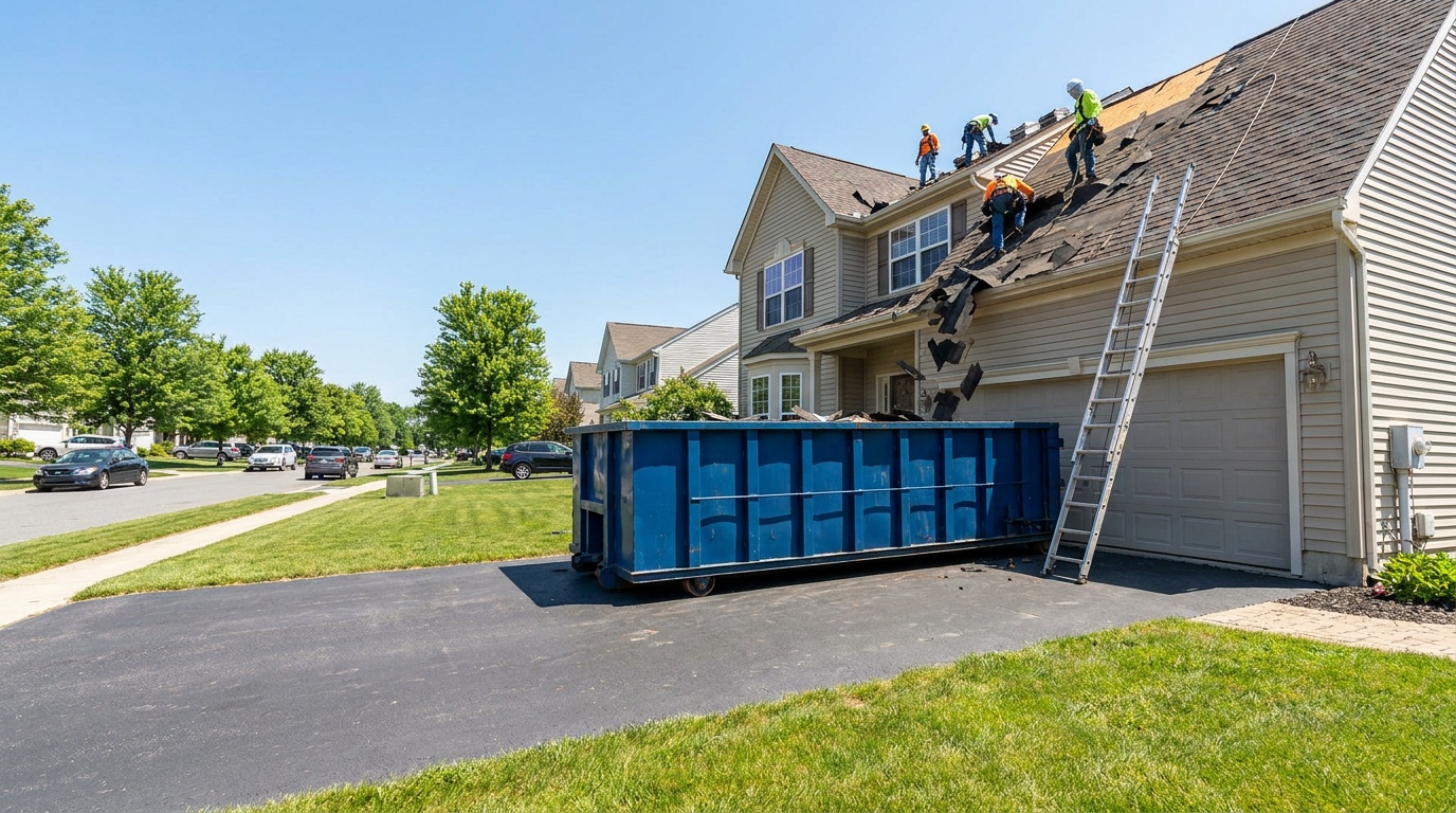 Roofing dumpster during a tear-off in Duncanville